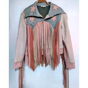 CLOUD TEN Fringe-Trim, Star-Embroidered Color-Block Faux-Suede Jacket Tam:M